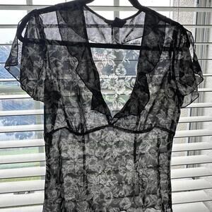 Vintage black and white floral sheer ruffle blouse by New York City Design Co